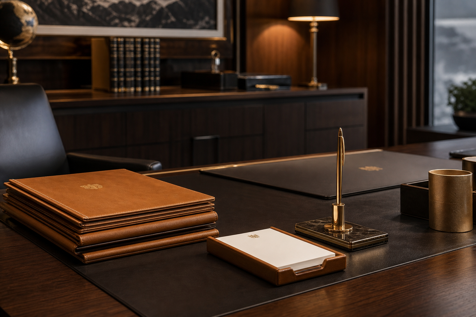 Organized desk with leather folders